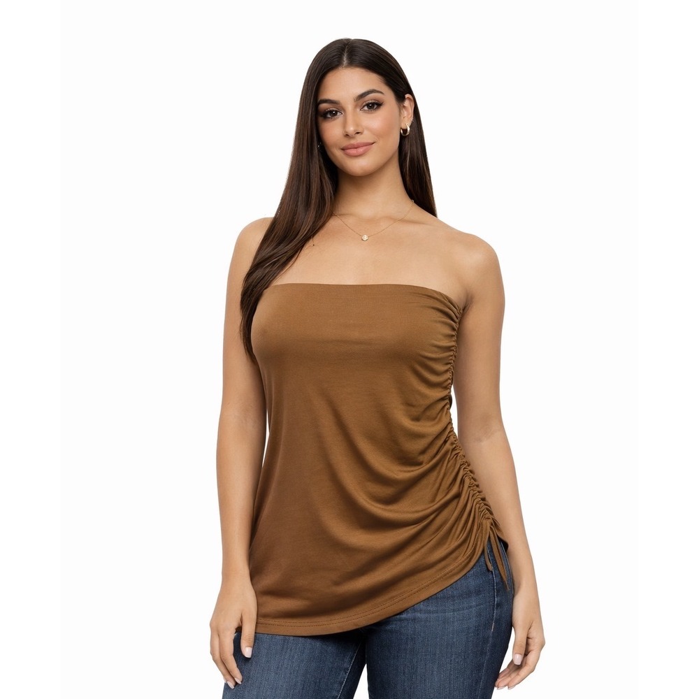 Tsher Strapless Cropped Tank‎ Top Brown Stretch Drawstring Sexy Date Night XS